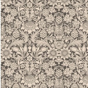 May include: A repeating wallpaper pattern featuring a dark brown background with light beige botanical illustrations. The design includes intricate depictions of sunflowers, grape clusters, and various leaves arranged in a symmetrical layout.