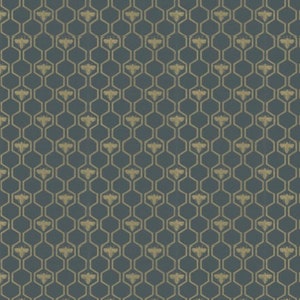 May include: A dark slate blue wallpaper featuring a repeating geometric honeycomb pattern in gold. Each hexagonal cell contains a small, stylized gold bee icon centered within the outline, creating a consistent and symmetrical grid design.