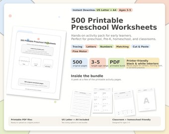 500 Arbeitsblätter für die Vorschule für Kinder im Alter von 3-5 Jahren (Instant Download)