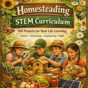 May include: A colorful illustration of a book cover titled "Homesteading STEM Curriculum." The cover features children working on projects, a barn, a windmill, and various garden elements. The text reads "150 Projects for Real-Life Learning."