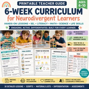 Könnte beinhalten: Druckbare Lehrerhandreichung für Kinder im Alter von 6-10 Jahren. Ein 6-Wochen-Lehrplan für neurodivergente Lernende mit praktischen Lektionen in SEL, Lesen, Mathematik, Naturwissenschaften und Lebenskompetenzen. Der Leitfaden enthält detaillierte Lektionen, Skripte und Bewertungen.