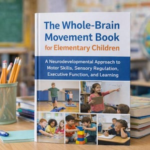 Może przedstawiać: Książka zatytułowana "The Whole-Brain Movement Book for Elementary Children" jest wyświetlana na drewnianym biurku. Okładka książki zawiera zdjęcia dzieci i tekst opisujący podejście neurorozwojowe do umiejętności motorycznych i uczenia się. Widoczne są r&oacute;wnież oł&oacute;wki w metalowym pojemniku i inne książki.