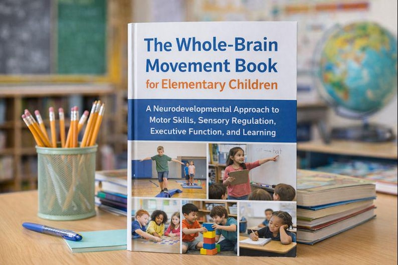 Może przedstawiać: Książka zatytułowana "The Whole-Brain Movement Book for Elementary Children" jest wyświetlana na drewnianym biurku. Okładka książki zawiera zdjęcia dzieci i tekst opisujący podejście neurorozwojowe do umiejętności motorycznych i uczenia się. Widoczne są r&oacute;wnież oł&oacute;wki w metalowym pojemniku i inne książki.