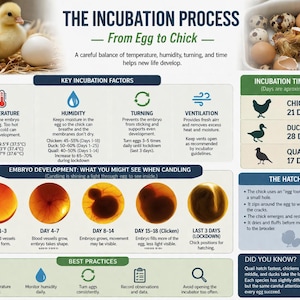 Puede incluir: Infografía educativa que detalla el proceso de incubación de huevos de gallina, pato y codorniz. Incluye factores clave como la temperatura, la humedad y el volteo, junto con una línea de tiempo y las etapas de desarrollo del embrión. Se muestra un pollito y huevos.