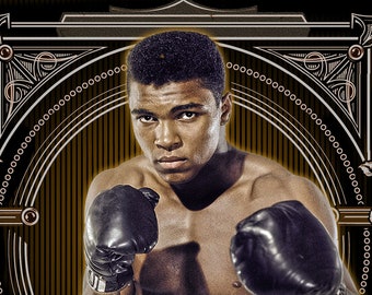 May include: A collage of images featuring Muhammad Ali, a famous boxer. The collage includes magazine covers, newspaper clippings, and photographs of Ali in the ring. The text on the images includes "Float like a butterfly, sting like a bee", "The Fight", "Muhammad Ali", and "Clay vs. Patterson".