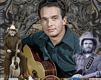 Pode incluir: Uma colagem de imagens com o cantor de música country Merle Haggard. A colagem inclui cartazes de concertos, bilhetes e fotografias de Haggard a atuar no palco e com outros músicos. O texto nos cartazes e bilhetes inclui as datas e locais dos concertos, bem como os nomes de outros artistas, como The Strangers, The Judds e Porter Wagoner. A colagem é enquadrada numa moldura decorativa com estrelas e outros enfeites.