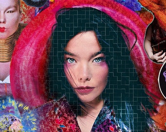 May include: A colorful collage featuring the singer Björk. The collage includes images of Björk in different outfits and hairstyles, as well as concert posters, backstage passes, and a butterfly. The text "Björk" appears multiple times in the collage.