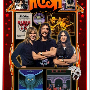 May include: A red and gold framed poster with a band's name "RUSH" in large letters. The poster features three band members, a concert poster, and album covers. The album covers are "Fly By Night" and "RUSH -  A Farewell to Kings". The text on the poster reads "A modern-day warrior Mean mean stride Today's Tom Sawyer Mean, mean pride".