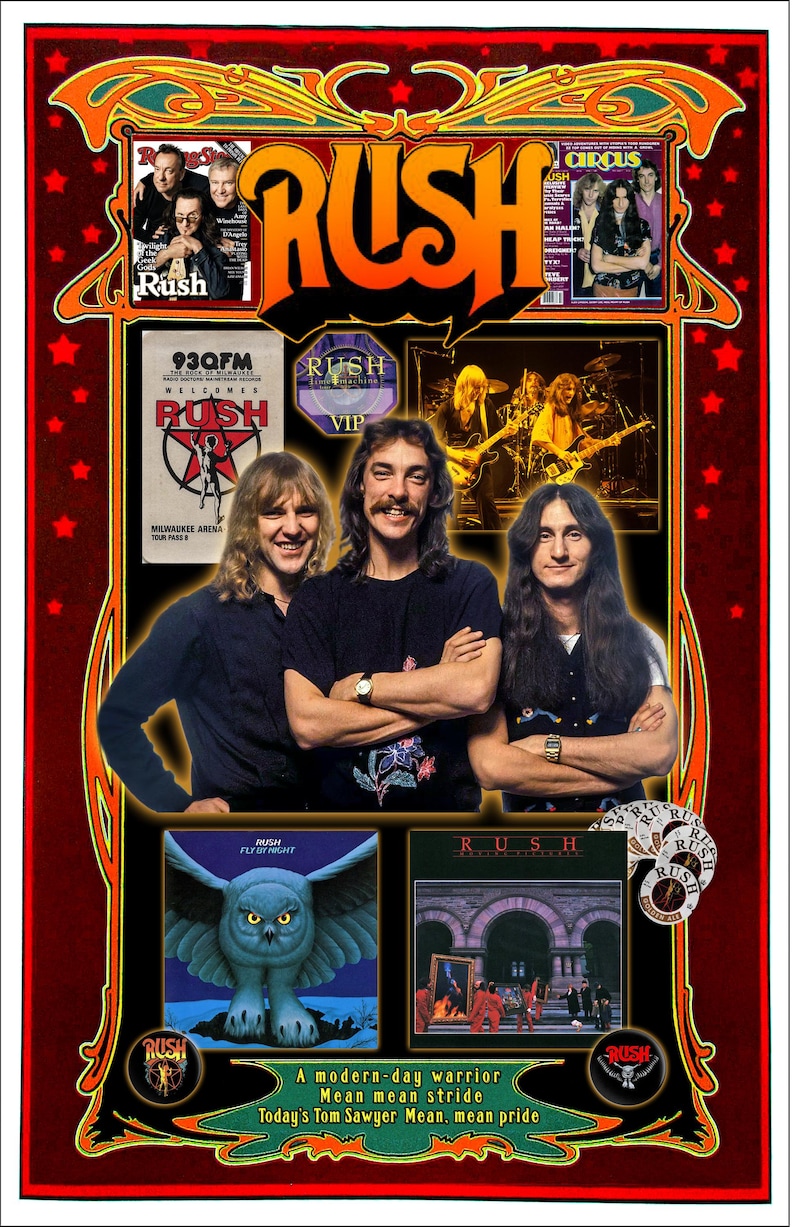 May include: A red and gold framed poster with a band's name "RUSH" in large letters. The poster features three band members, a concert poster, and album covers. The album covers are "Fly By Night" and "RUSH -  A Farewell to Kings". The text on the poster reads "A modern-day warrior Mean mean stride Today's Tom Sawyer Mean, mean pride".