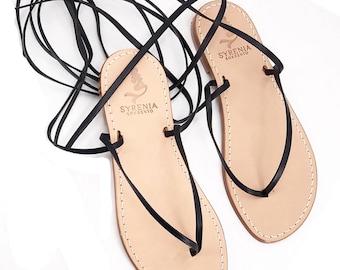 Gladiators sandals black leather - Lace up flat sandals - Sandali capri alla schiava in pelle nera