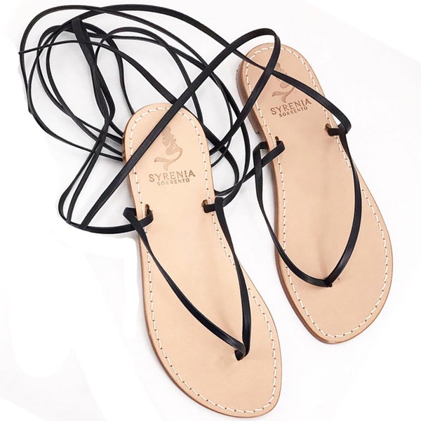 Gladiators sandals black leather - Lace up flat sandals - Sandali capri alla schiava in pelle nera