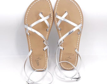 Sandalias capri plateadas hechas a mano con tiras al tobillo - Zapatos mujer verano estilo capri italia