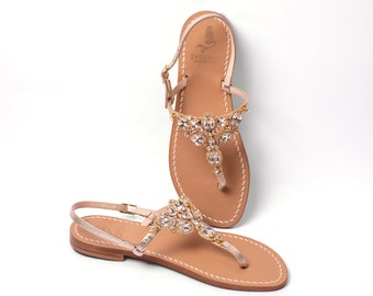 Gold Capri Sandals with crystal, Hand-Made in Sorrento, Made to Order - Gold jewel sandals