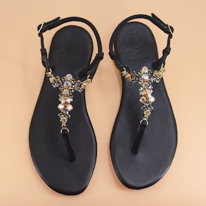 Syrenia Women's Flat jewel Sandals in Gold Black leather, amber crystal, Hand-Made in Sorrento, Made to Order image 1