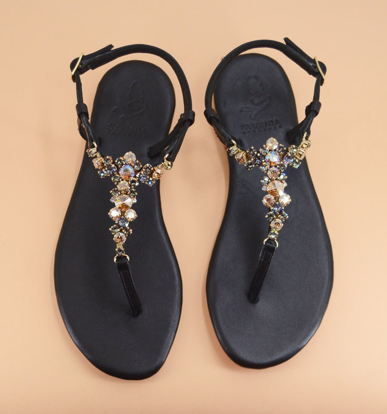 Syrenia Women's Flat jewel Sandals in Gold Black leather, amber crystal, Hand-Made in Sorrento, Made to Order image 1