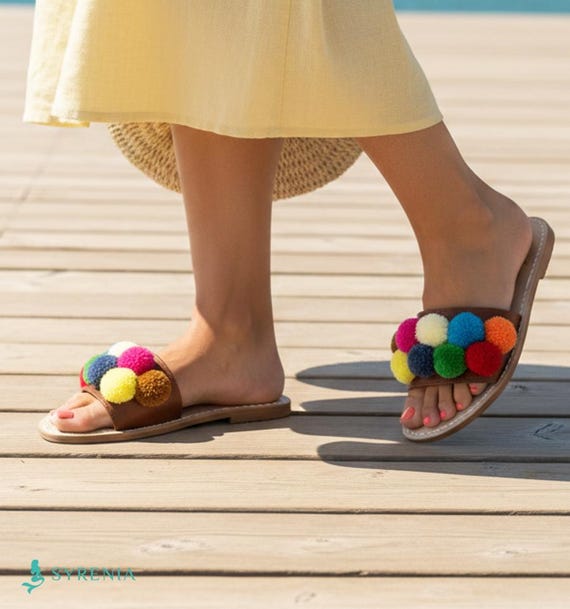 Handmade Italian Leather Sandals, Colorful Pom Pom Slides  display picture 1