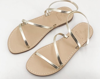 Capri Sandals Flat in gold leather - Handmade in Italy - Flat Capri sandals with ankle strap in gold leather