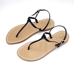 Black Capri Sandals Tbar leather sole handmade in Italy - Classic Capri sandal in black leather
