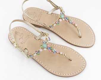 Capri Sandals with multicolor crystal, Handmade Italian capri sandals, multicolor jewel sandals with gold leather straps