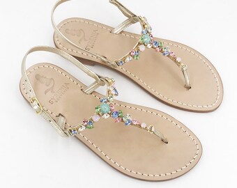 Capri Sandals with multicolor crystal, Handmade Italian Capri sandals, multicolored jewel sandals with gold leather straps