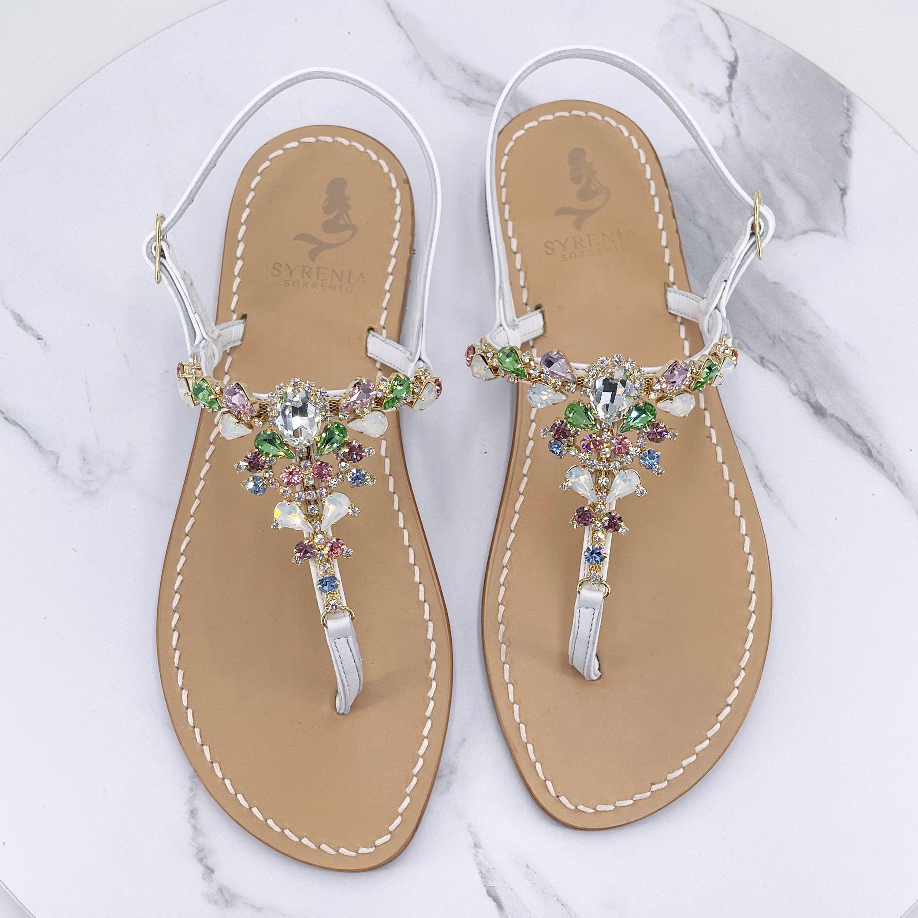 Multicolor sandals Handmade Italian capri sandals, multicolor jewel sandals white leather straps