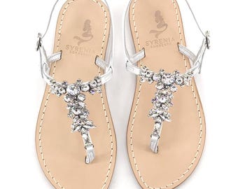 Silver Capri sandals Crystal leather - Tbar wedding flat sandals custom handmade - Jeweled sandals silver leather and crystals Crystal color