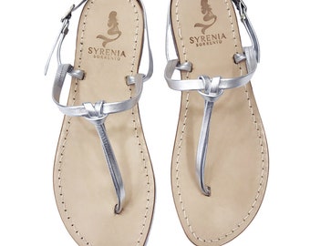 Silver Leather Capri Sandals - Classic Flat Sandals - Handmade in Italy - Classic custom handmade silver leather caprese flip flops