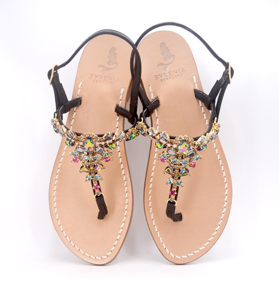 【COLOR iN ID】jewellery strap sandals Women's Flat Black Jewel Sandals in Gold Leather, Multicolor