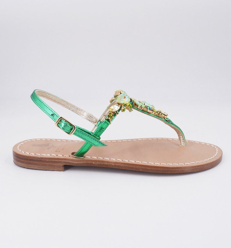 Syrenia Women's Jewels Capri Sandals in Green Gold Metallic leather, Hand-Made in Sorrento, Made to Order Green Gold jeweled sandals image 3