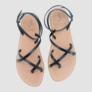 Black Capri sandals handmade in leather with ankle straps - Woman black flat shoes summer capri style italy
