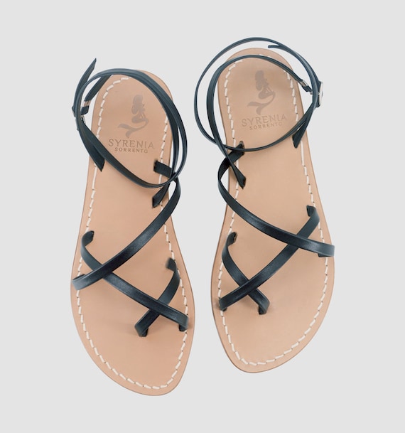 Black Capri Sandals Handmade in Leather With Ankle Straps Woman