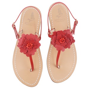 Red Capri Sandals Flower red T bar style handmade in Sorrento Syrenia Sandals - Red Sandals with leather flower