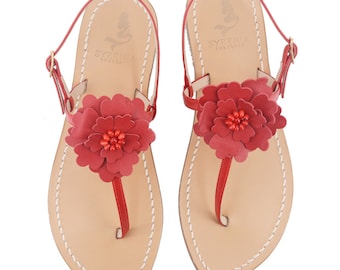 Red Capri Sandals Flower red T bar style handmade in Sorrento Syrenia Sandals - Red sandals with leather flower