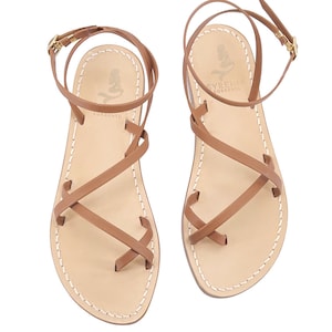 Capri sandals handmade in Tan leather with ankle straps - Woman shoes summer capri style italy