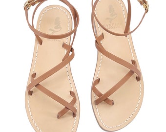 Capri sandals handmade in Tan leather with ankle straps - Woman shoes summer capri style italy