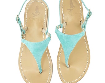 Capri Sandals in aquamarine suede handmade in Italy - Aquamarine suede flip-flops