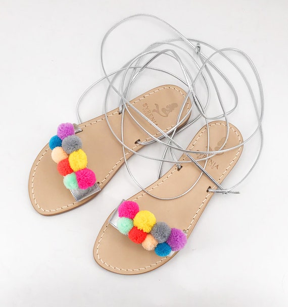 Pom Pom Gladiators Leather Sandals Multicolor Handmade in Italy