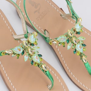 Syrenia Women's Jewels Capri Sandals in Green Gold Metallic leather, Hand-Made in Sorrento, Made to Order Green Gold jeweled sandals image 2