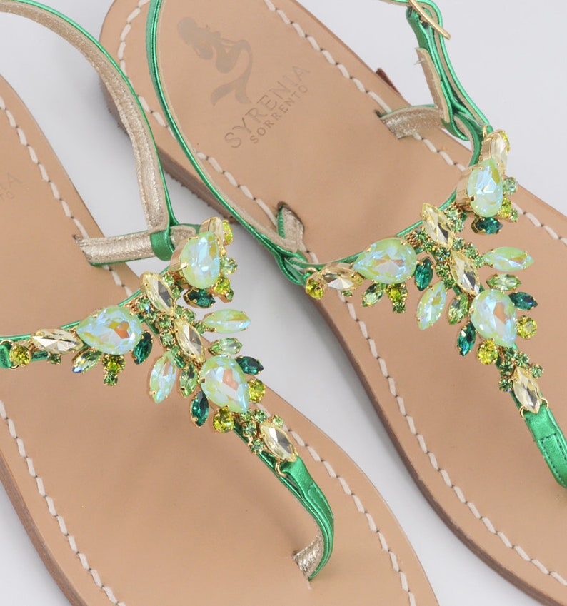 Syrenia Women's Jewels Capri Sandals in Green Gold Metallic leather, Hand-Made in Sorrento, Made to Order Green Gold jeweled sandals image 2