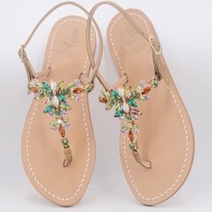 Jewels Capri Sandals Handmade multicolor green bronze leather - Amber Green Capri Jewel Sandals with Bronze Leather Strap