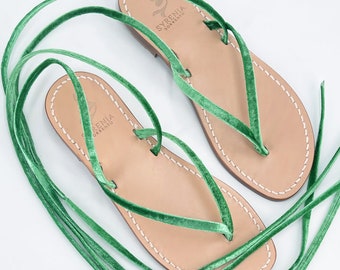Sandalias capri de gladiador de terciopelo verde, sandalias de gladiador de terciopelo verde, sandalias Sorrento hechas a mano personalizadas