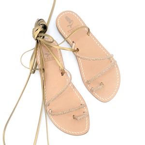 Gladiators flat sandals bronze pavè microcrystal and bronze leather Lace up - Bronze slave sandals with micropavè crystals