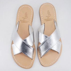 Silver flat handmade sandals - Cross strap sandals in silver leather