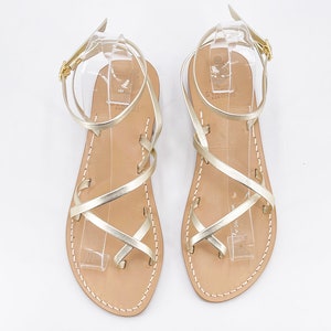 Gold handmade capri sandals in gold leather with ankle straps - Woman shoes summer capri style italy
