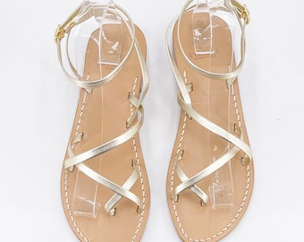 Gold handmade capri sandals in gold leather with ankle straps - Woman shoes summer capri style italy