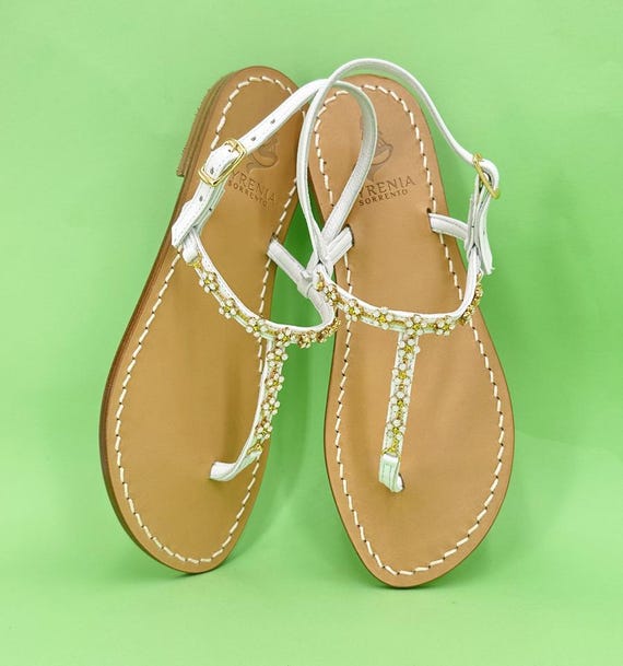 Daisy Crystal Handmade Capri Woman Sandals, White Leather, Jewel