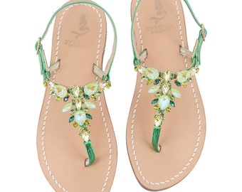 Syrenia Women's Jewels Capri Sandals in Green - Gold Metallic leather, Hand-Made in Sorrento, Made to Order - Green Gold jeweled sandals