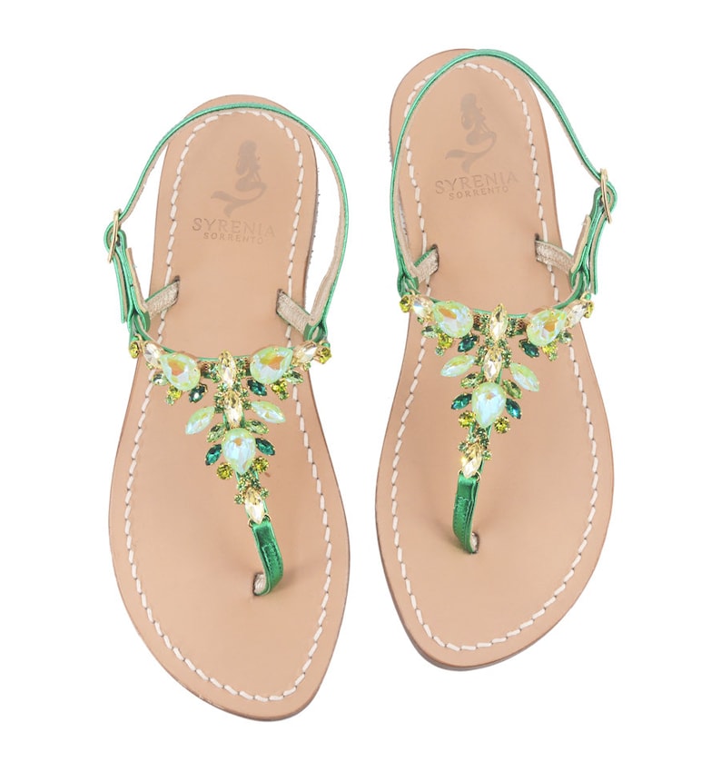 Syrenia Women's Jewels Capri Sandals in Green Gold Metallic leather, Hand-Made in Sorrento, Made to Order Green Gold jeweled sandals image 1