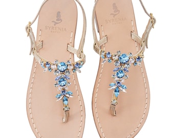 Capri sandals Jeweled with Gold leather embellished aquamarine crystals - Handcrafted sandals Made in Italy - Aquamarine jeweled sandals