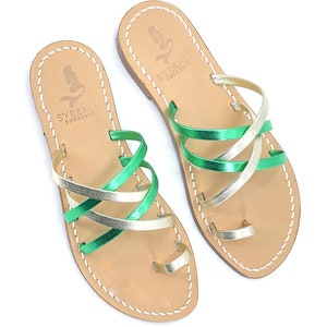 Syrenia Women's Flat Capri Sandals in Green Gold Metallic leather, Hand-Made in Sorrento, Made to Order image 1